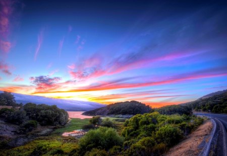 SUNSET SCENERY - field, sunset, road, river