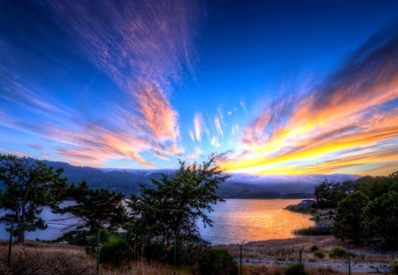 DRAMATIC SUNSET - sunset, fence, landscape, river