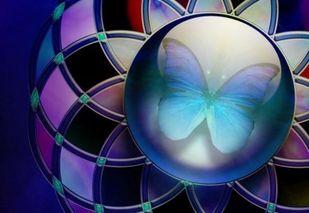 BUTTERFLY REFLECTIONS - purple, diamond shaped, insects, colours, circles, glass ball, butterflies