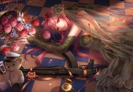 Sakura Kyouko - female, lying, long hair, wedding dress, doll, red hair, sakura kyouko, hair flower, anime girl, hot, checkered floor, gun, cool, nail polish, flower, watch, rose, ring, sexy, rifle