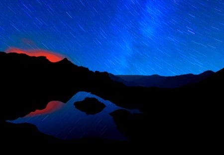 METEOR SHOWER - meteor, lake, night, stars, mountain, sky