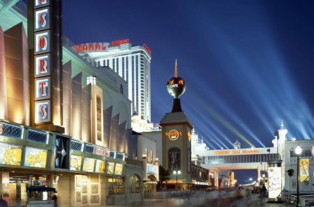 boardwalk casinos at atlantic city - boardwalk, casinos, lights, people