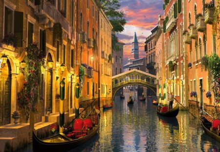 Venice - pretty, summer, people, town, romantic, evening, reflection, venice, nice, tunnel, houses, sky, travewl, clouds, beautiful, mirrored, city, lovely, buildings, colorful, river, lights, gondolas, dusk, italy, bridge