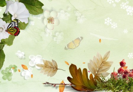 Celebrate the Seasons - papillon, blossoms, summer, snowflakes, snow, spring, leaves, flowers, frost, abstract, blooms, winter, sakura, fleurs, berries, fall, autumn, butterfly