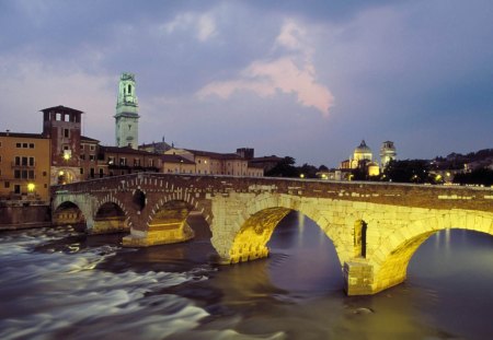 light on old bridge in italy - river, light, city, bridge, dusk