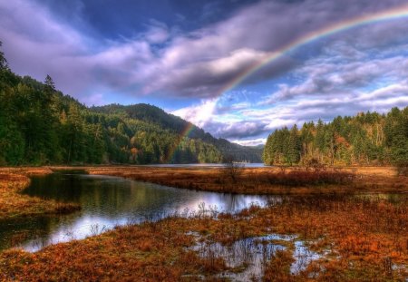 amazing rainbow landscape hdr - rainbow, forest, mountain, river, hdr