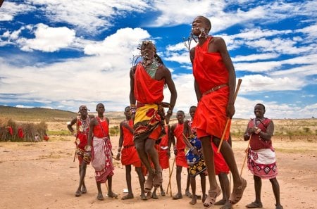 maasai warriors dancing in kenya - clouds, dancing, warriors, africa