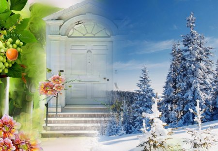 Door to Winter Beauty - snow, collage, forest, steps, flowers, door, sky, trees, winter, orange, fleurs, tree, fall, doorway, fantasy, stairs, autumn, snowing