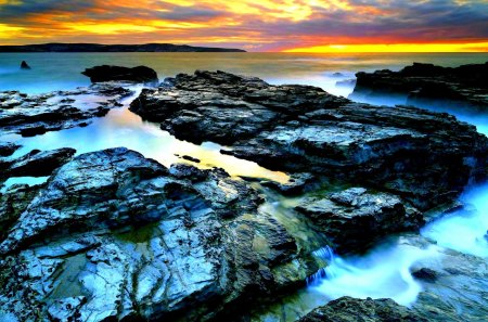 SUNSET - rocks, puddles, water, cliffs, clouds, sea, nature