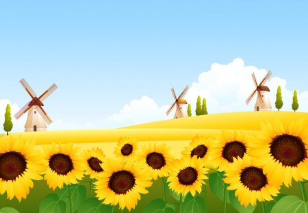 Windmill Fields - clouds, sunflowers, blue, brown, flower, petals, windmills, leaves, white, green, fowers, yllow, windmill, sky