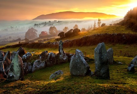 FOGGY MORNING - morning, hill, slope, light, fog, stones