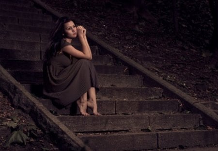 * You left me * - sadness, lonely, without you, evening, girl, alone, street, stairs, nature, autumn, face