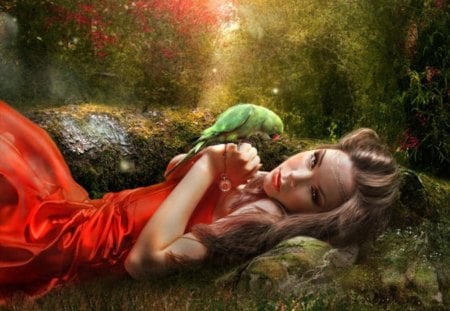 Girl with parrot - fantasy, parrot, forrest, girl, woman