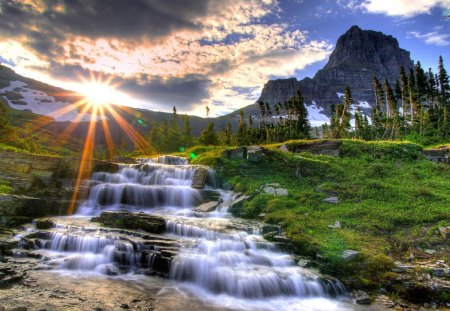 Gorgeous Landscape - river, trees, sunrise, grass, mountains