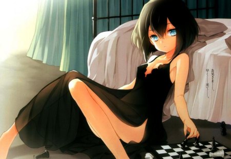 Houshou Yuzurina - black dress, sunshine, sexy, girl, blue eyes, room, houshou yuzurina, black hair, kono naka ni hitori imouto ga iru, alone, shest, anime, sweet, cute, breasts