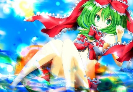 Kagiyama Hina - anime, swimsuit, kagiyama hina, blue sky, girl, green eyes, green hair, sweet, short hair, big breasts, touhou, red, cute, sexy