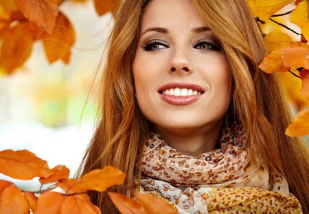 Lovely Smile - pretty, female, autumn colors, eyes, ladyface, leaves, happy, beautiful, girl, beauty, lovely, sweet, hair, smile, lips, nature, woman, autumn, autumn leaves, makeup