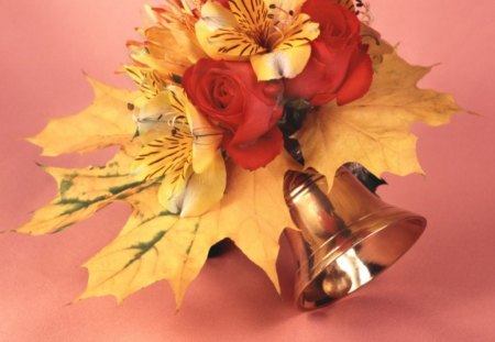 autumnal still life - fall leaves, red roses, still life, bell