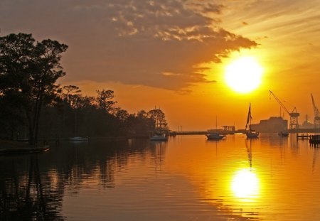 Sunset Reflection - sky, lake, water, clouds, trees, sun