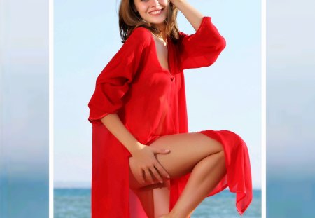 blonde - beach, legs, red, dress, blonde