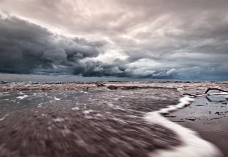 tide coming in under stormy skies - waves, clouds, tide, beach