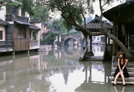 asian girl in an asian world - town flooded, tree, street, girl