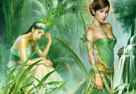 Sisters in Green - women, dresses, emrals, female, forest, oriental, standing, nature, green, plants, sitting, jade, asian