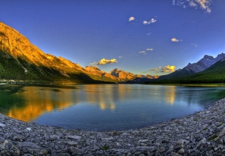 Valley Sunset - lake, mountains, sunset, valley