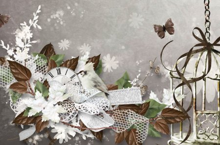 Elegant Bird - papillon, bird, netting, elegant, clock, leaves, flowers, net, ribbons, bird cage, tan, fleurs, luxurious, silver, time, gray, butterfly