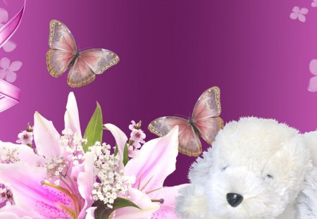 Fluffy Puppy Flowers - papillon, summer, butterflies, whimsical, dog, children, doggy, spring, flowers, pup, swet, fleurs, toy, lily, magenta, bright, cute, plush animal