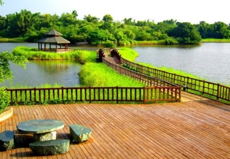 Pond view in summer - nice, sky, trees, water, gazebo, view, reflection, green, pond, beautifuil, grass, bridge, fence, lake, wooden, summer, shore, lovely, nature, pier