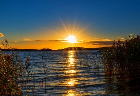 River sunrise - nice, sunshine, sky, sundown, riverbank, sun, sunset, amazing, river, grass, lake, summer, shore, lovely, waves, nature, glow, refkection, sinlight, beautiful, sunrise