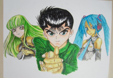 Joe, Miku & CC - blue tails, green hair, miku, cc