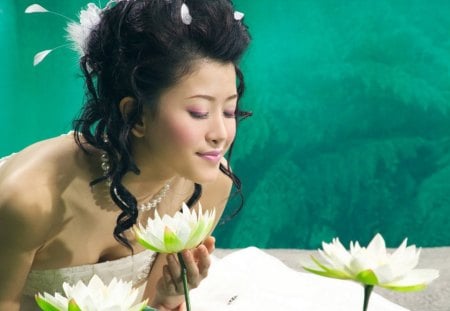 Bride day - flower, lilly, beauty, model, girl, lotus, white, asian, woman, green