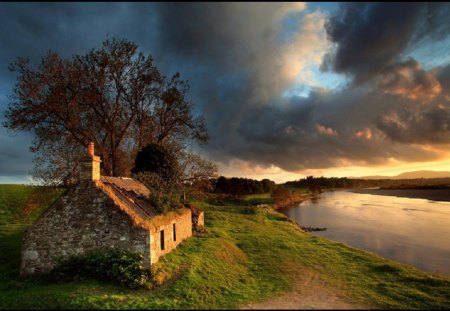 Stone Cottage on the Lake - cottage, nature, lake, house