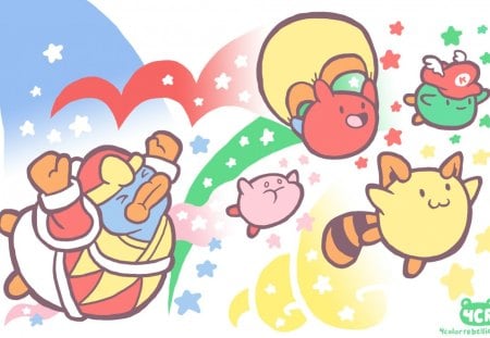 Kirby - king dedede, yellow, pink, stars, kirby, red, green, video games, other