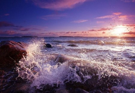 Beauty Along the Shore - sunlight, splashing waves, shore, skyline