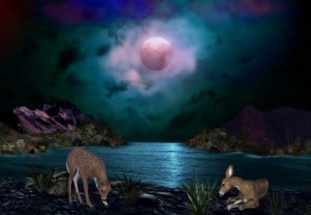 Pink Moonrise 1600x900 - moon, deer, fawns, mountains, lakes, animals