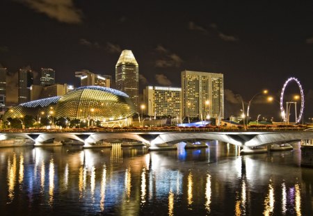 singapore at night - ferris wheel, lights, river, city, bridge