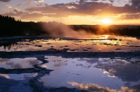 sunset at the great fountain geyser in yellowstone - clouds, steam, pools, sunset, geyser