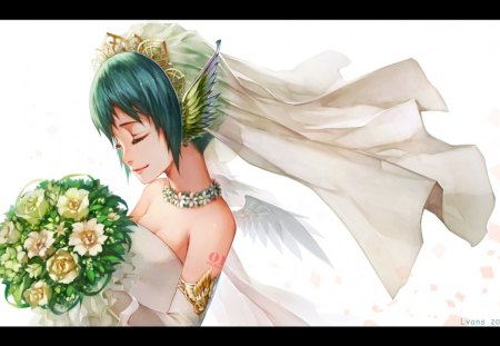 Vocaloid - weeding dress, anime, anime girl, vocaloid, original, beautiful, angel, green eyes, green hair, flowers, fantasy, white, cute girl, anime angel