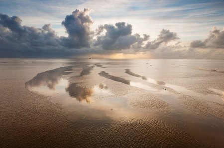 tide out - clouds, beach, tide, ripples, sand