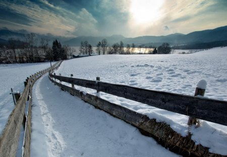 winter at a ranch on a lake - winter, lane, ranch, lake, fence