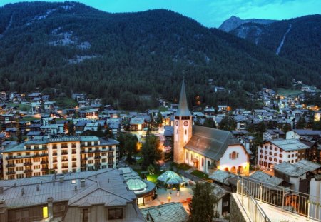 zermatt switzerland at dusk - town, church, mountains, dusk, ligts