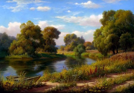 E.Samarskaya. Landscape with a Boat 2010 oil on canvas. - e samarskaya, river, nature, painting, canvas, oil, art, tree