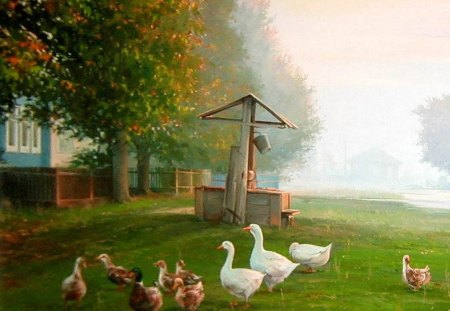 V.Palachev. Rustic morning - animal, v palachev, chicken, art, grass