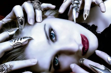 ~ allure ~ - beauty, woman, people, lips, and, female, eyes, rings, black, model, white, art, hand, red, blue, nails