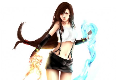 Tifa Lockhart - final fantasy vii, final fantasy 7, final fantasy series, girl, fire, flames, white background, tifa, video games, gloves, singlet, orange eyes, water, short skirt, anime, ff7, games, tifa lockhart, long hair, tifa lockheart, final fantasy, female