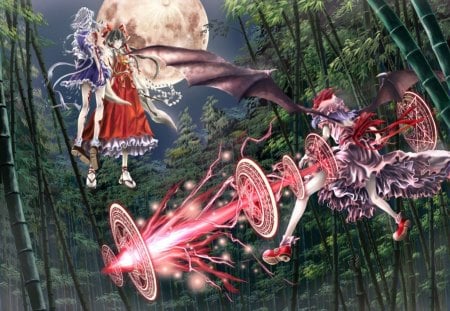 Battles of Touhou - anime, reimu hakurei, night, bamboo, touhou, reimu, weapon, hakurei reimu, sakuya izayoi, moon, skirt, females, izayoi sakuya, wings, sakuya, remilia scarlet, games, video games, remilia