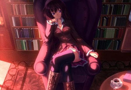 Chizuru Akaba - anime, female, boots, girl, books, long hair, seitokai no ichizon, chair, stockings, short skirt, akaba chizuru, chizuru akaba, thigh highs, purple hair, chizuru